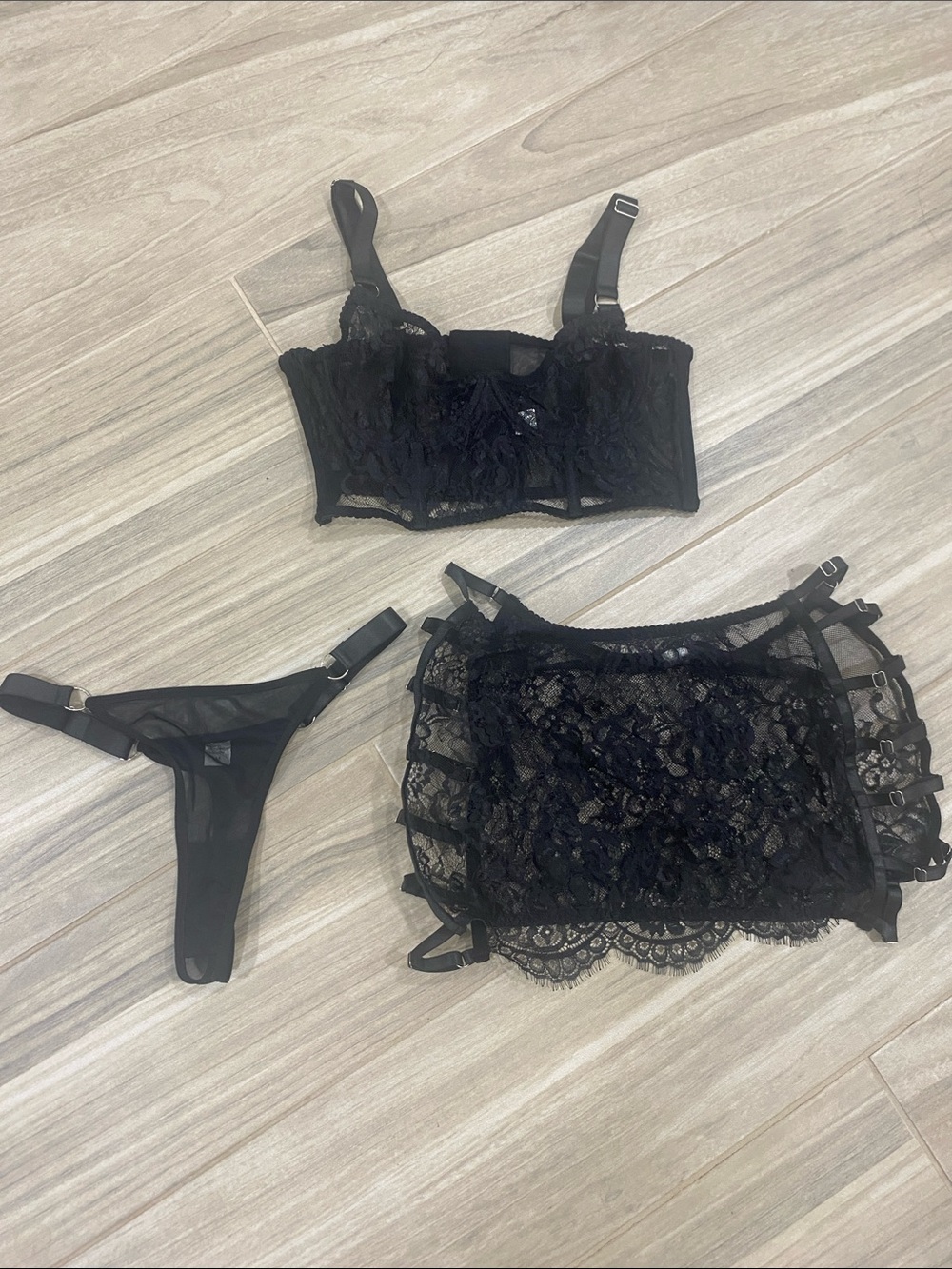 Sheer Black Lace Lingerie Set – Bralette, Thong & Lace Garter Skirt